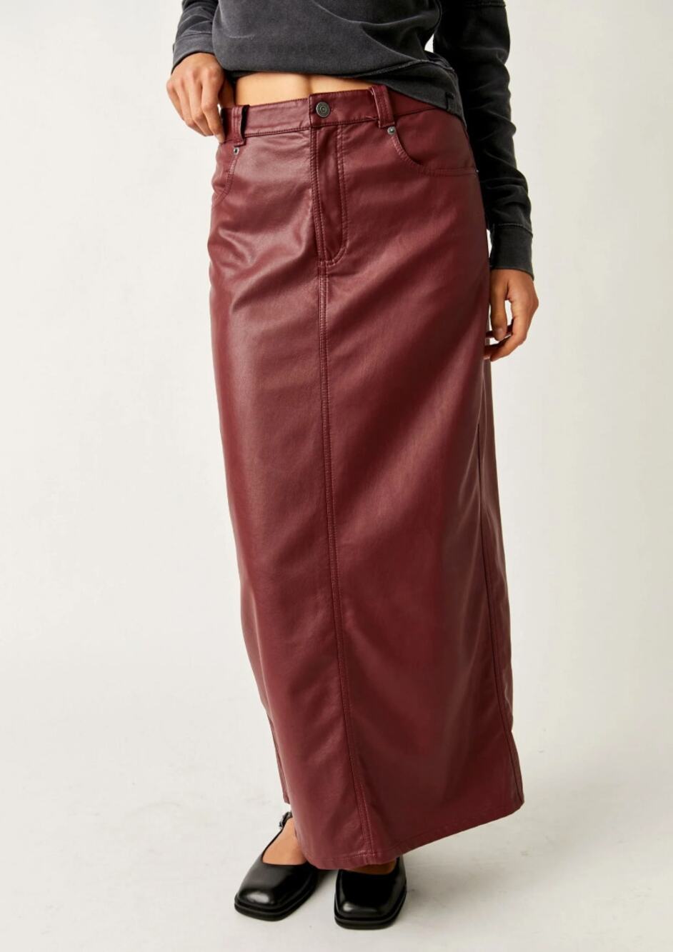 FREE PEOPLE City Slicker Vegan Maxi Skirt Oxlood Maroon Sz 8 $128 {3G11}